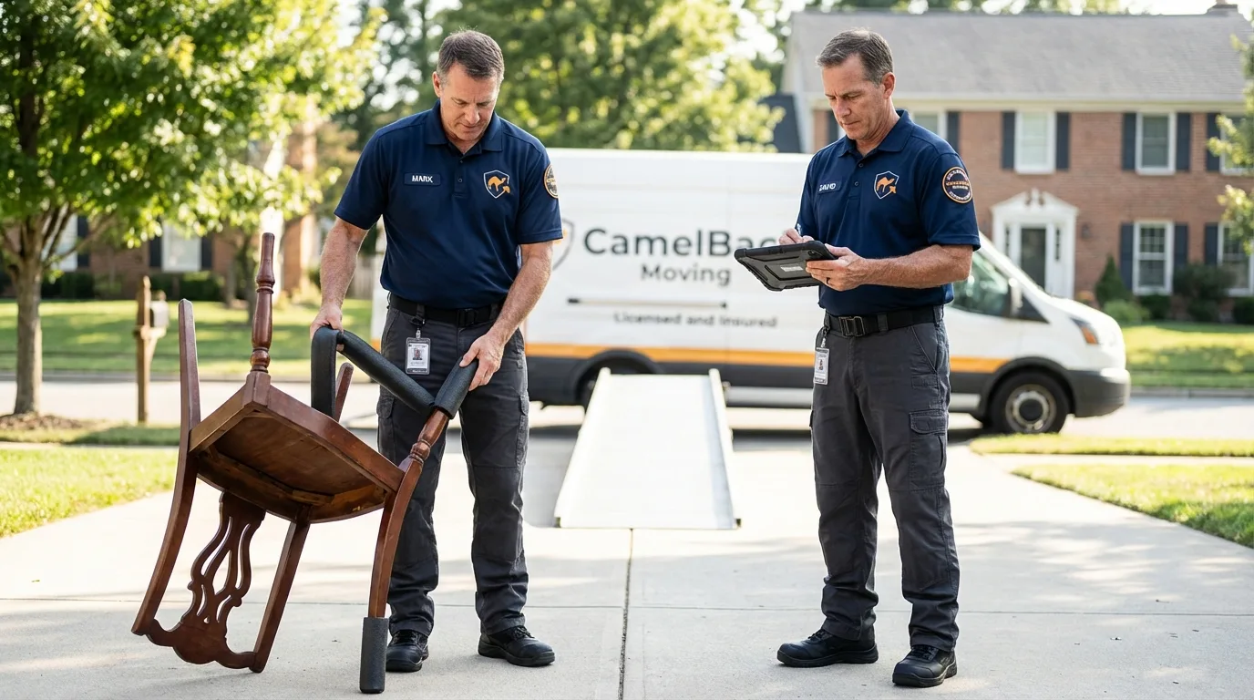 Movers inspecting furniture for damage prevention before loading in Airway Heights, WA