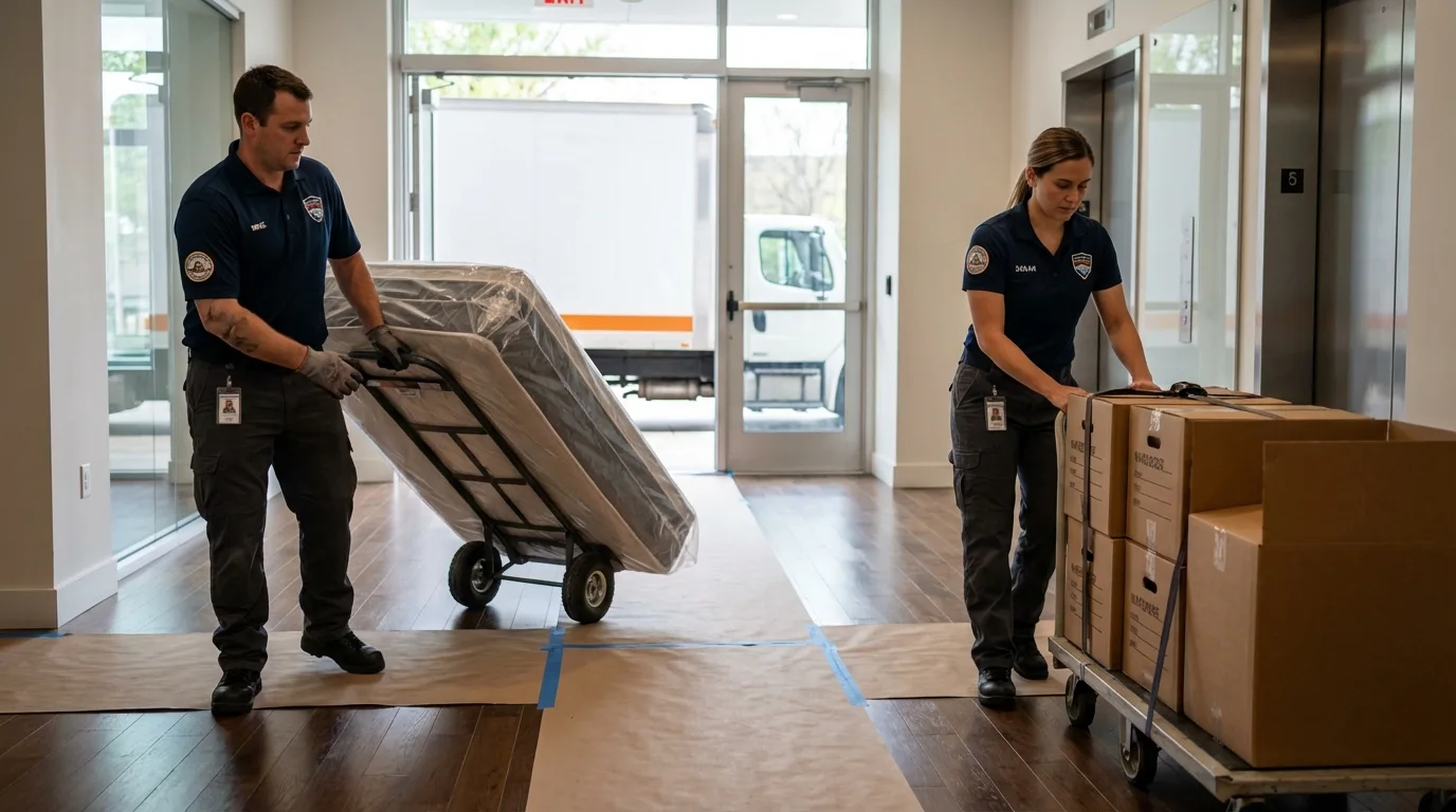 Professional apartment movers loading elevator in Airway Heights, WA