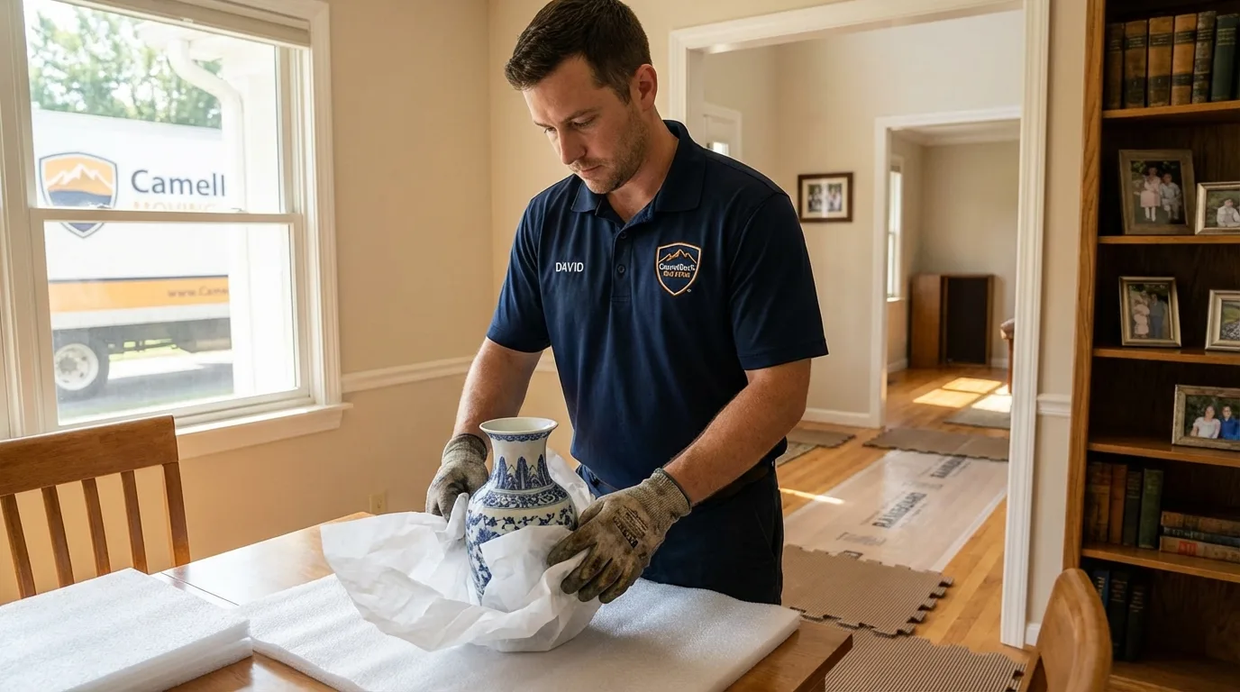 Professional crew carefully wrapping antique vase for senior downsizing move in Airway Heights, WA